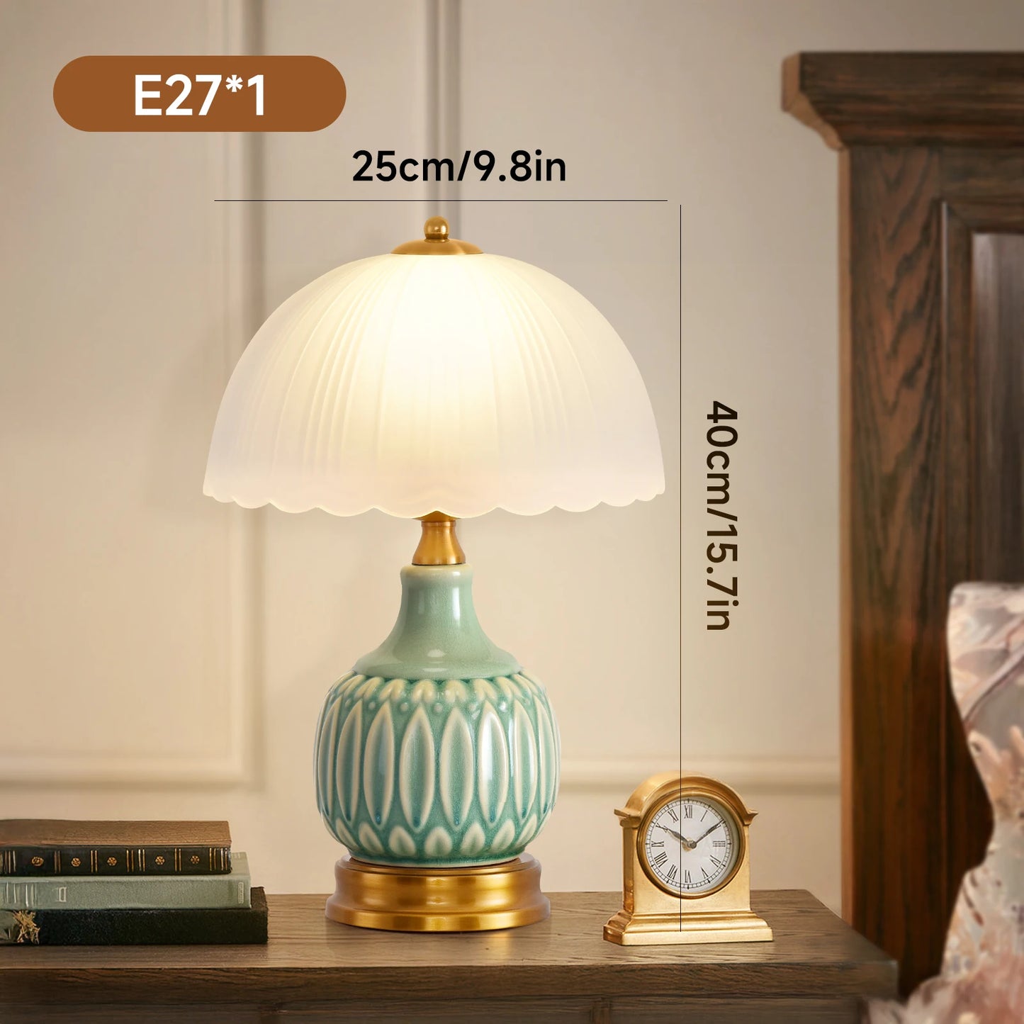 Bedroom Table Lamp, Vintage Gold Table Lamp, Bedroom Ceramic Retro Living Room Lamp, 40.64cm Modern Bedside Nightstand Traditional Lamp, Classic Chinese Green Glass Lamp for Home Decoration
