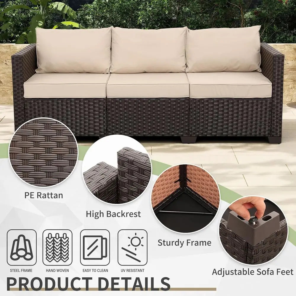 Patio Couch PE Rattan 3-Seat Outdoor Soa Brown Wicker urniture Set Deep Seating with Anti-Slip Beige Cushion
