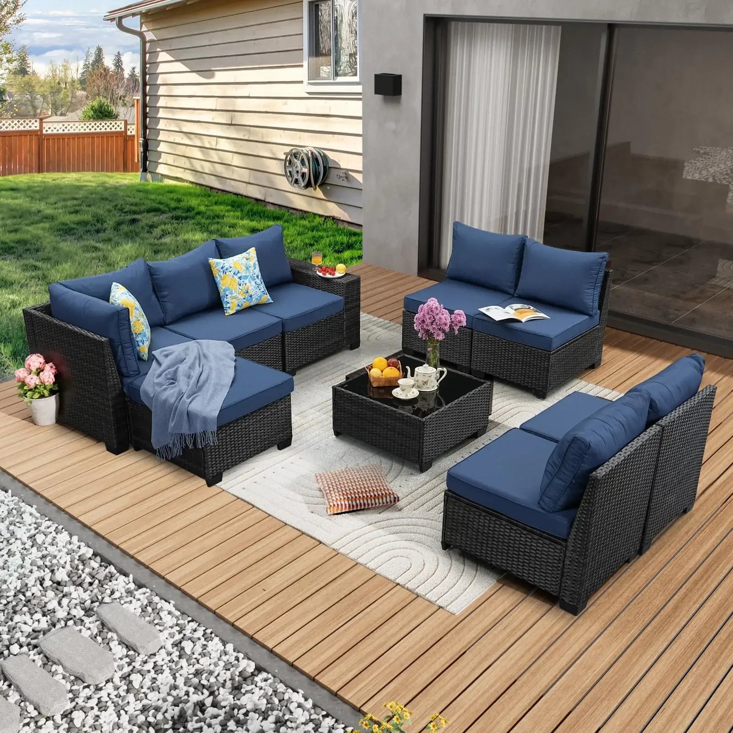 Patio Furniture Set Outdoor Wicker Sectional Conversation Sofa Rattan Patio Seating Sofa with Cushion and Glass Table
