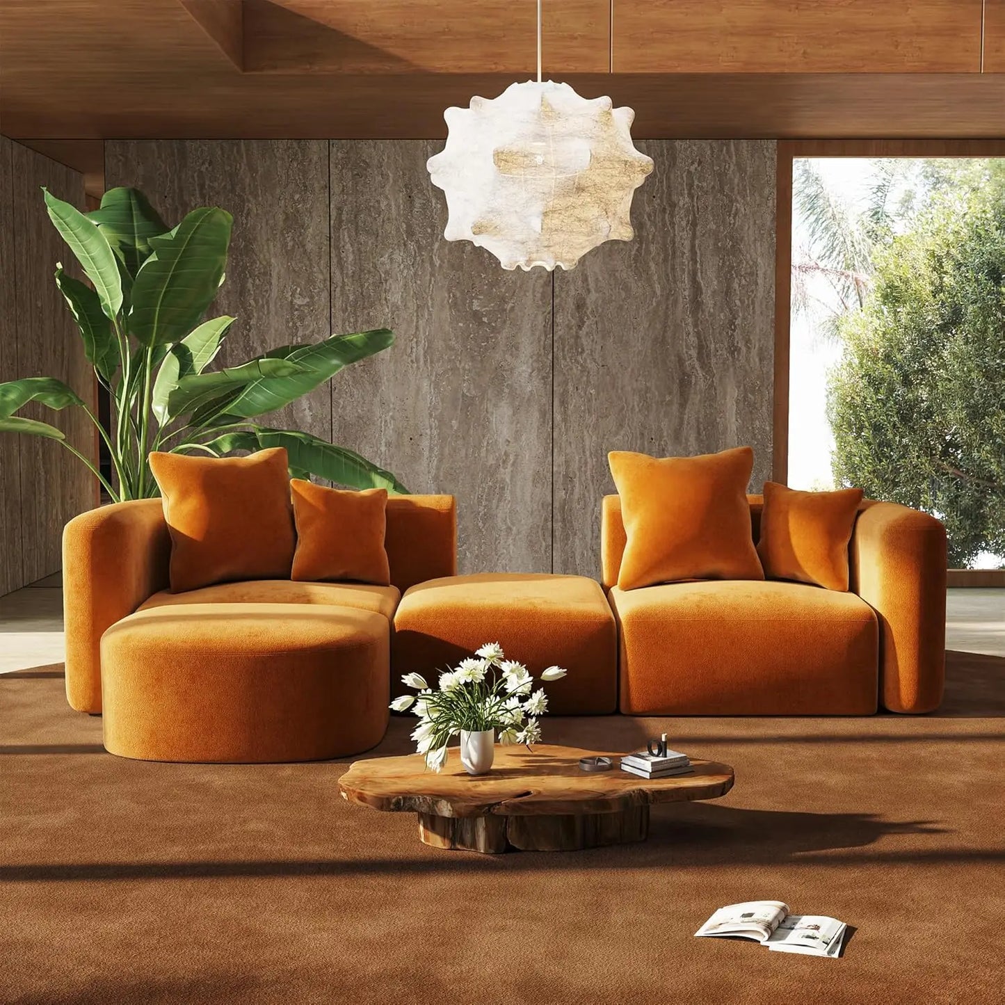 Velvet Modular Sectional Sofa With Ottoman Modern Curved Back