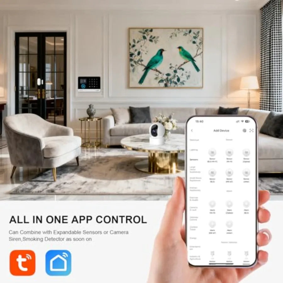 Home security alarm system with 4G GSM/WiFi wireless connectivity, HD camera, app alerts, door/window and motion sensors, loud