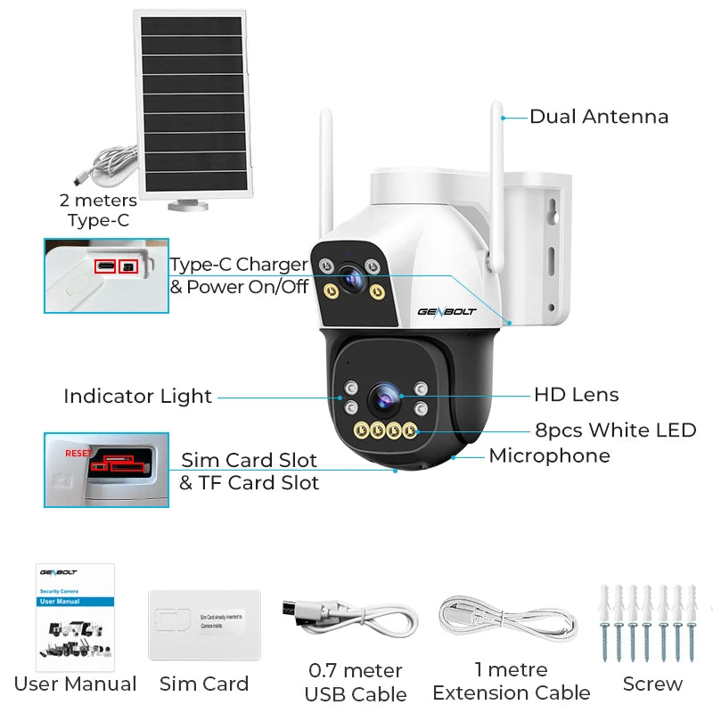 GENBOLT 4G AOV Cellular Solar Security Camera Outdoor Wireless, AOV 7/24 Recording 3MP+3MP No WiFi IP Surveillance Camera with Sim Card, 8W 15600mAh Battery Operated LTE Camera CCTV