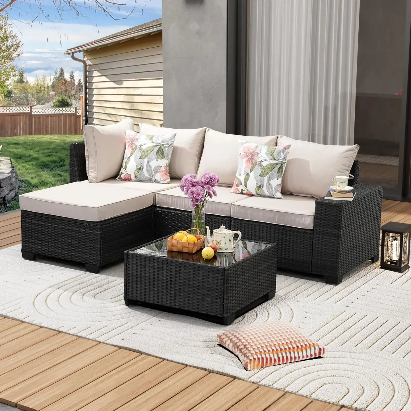 Patio Furniture Set Outdoor Wicker Sectional Conversation Sofa Rattan Patio Seating Sofa with Cushion and Glass Table