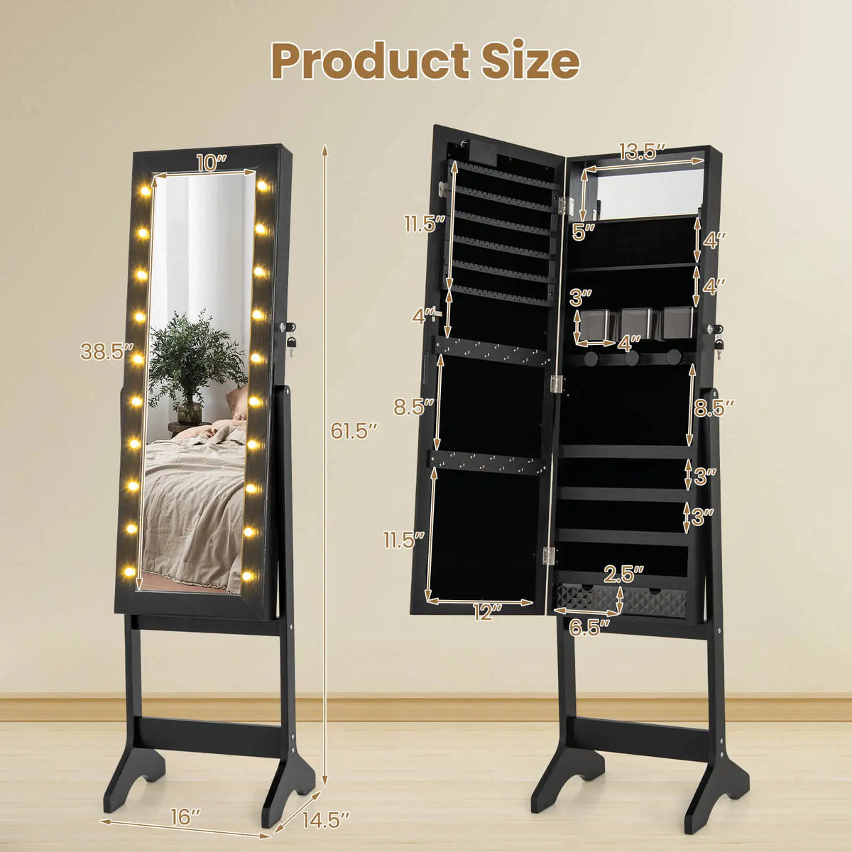 Homasis Led Mirror Jewelry Cabinet With Adjustable Viewing Angles