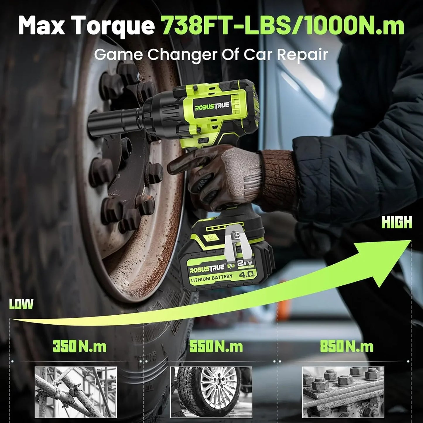 Robustrue 1000Nm Brushless Cordless Impact Wrench With 4.0Ah Battery