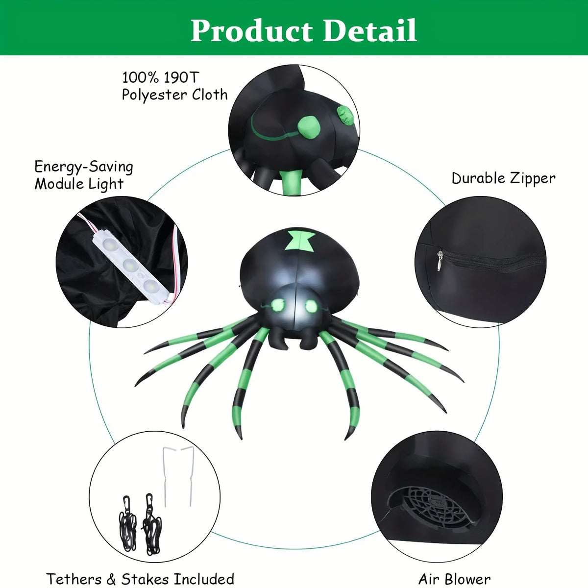 Giant 7.2 FT LED Glowing Inflatable Spider Creepy Blow Up Yard Decor with Stakes & Blower, Outdoor Halloween Airblown Spider for Lawn Garden Party Quick Setup & Fast Deflate Design Fast Shipping
