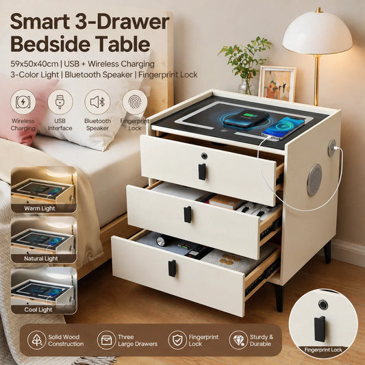 59x50x40cm Solid Wood Smart Nightstand 3-Drawer USB&Wireless Charging BT Speaker Fingerprint Lock 3-Color Light Beige White