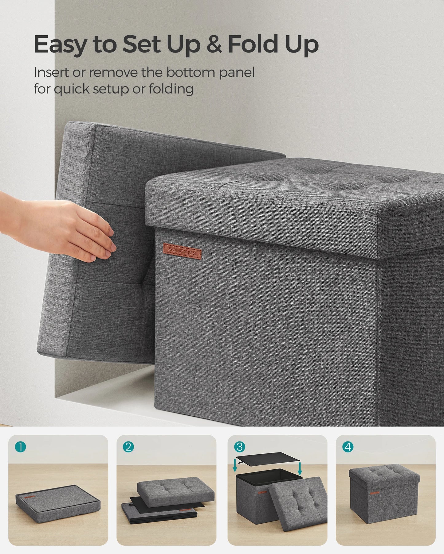 SONGMICS Small Folding Storage Ottoman, Set of 2, Foot Rest Stool, Cube Footrest, 12.2 x 16.1 x 12.2 Inches, 286 lb Load Capacit