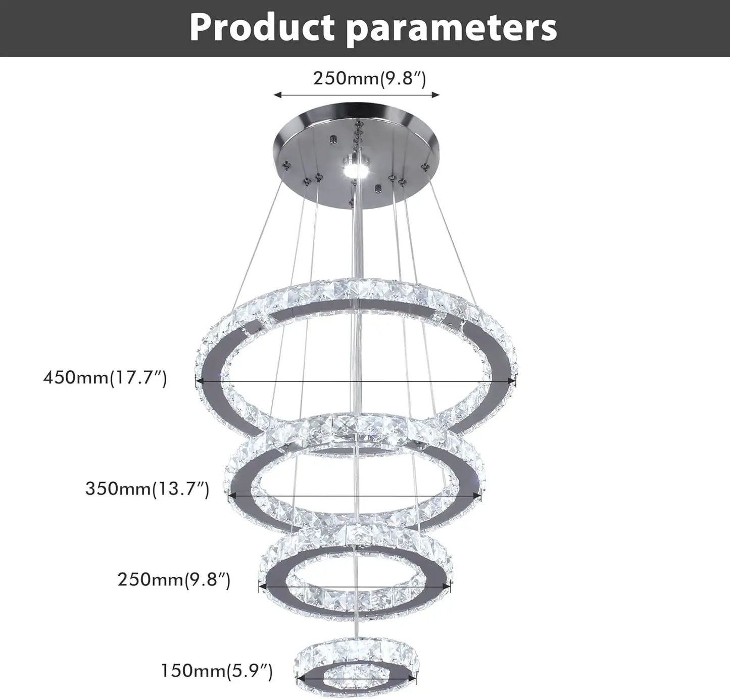 Crystal LED Rings Pendant Chandelier In Stainless Steel Living Room
