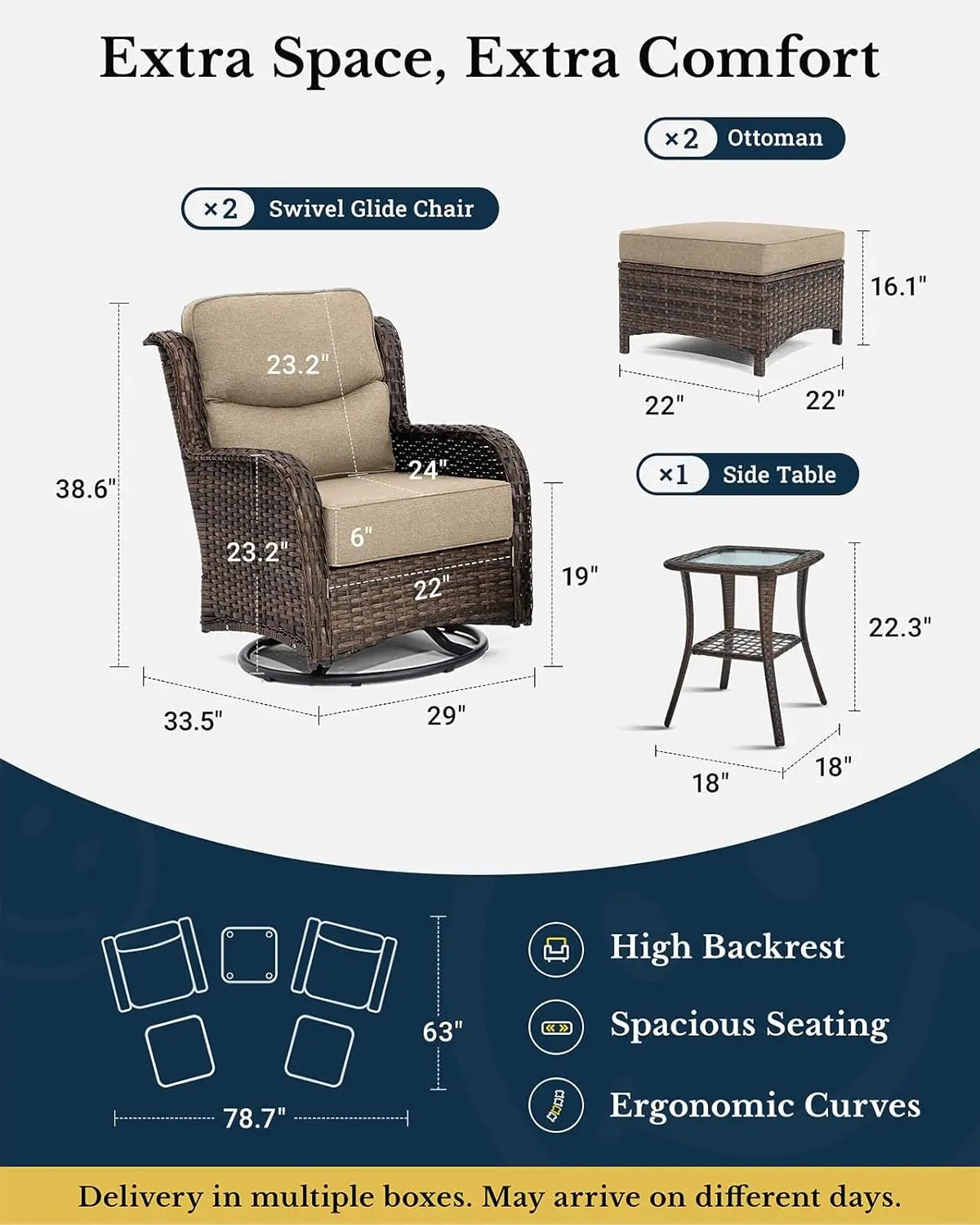 Wicker 5 Piece Patio Set With High Back Swivel Rockers