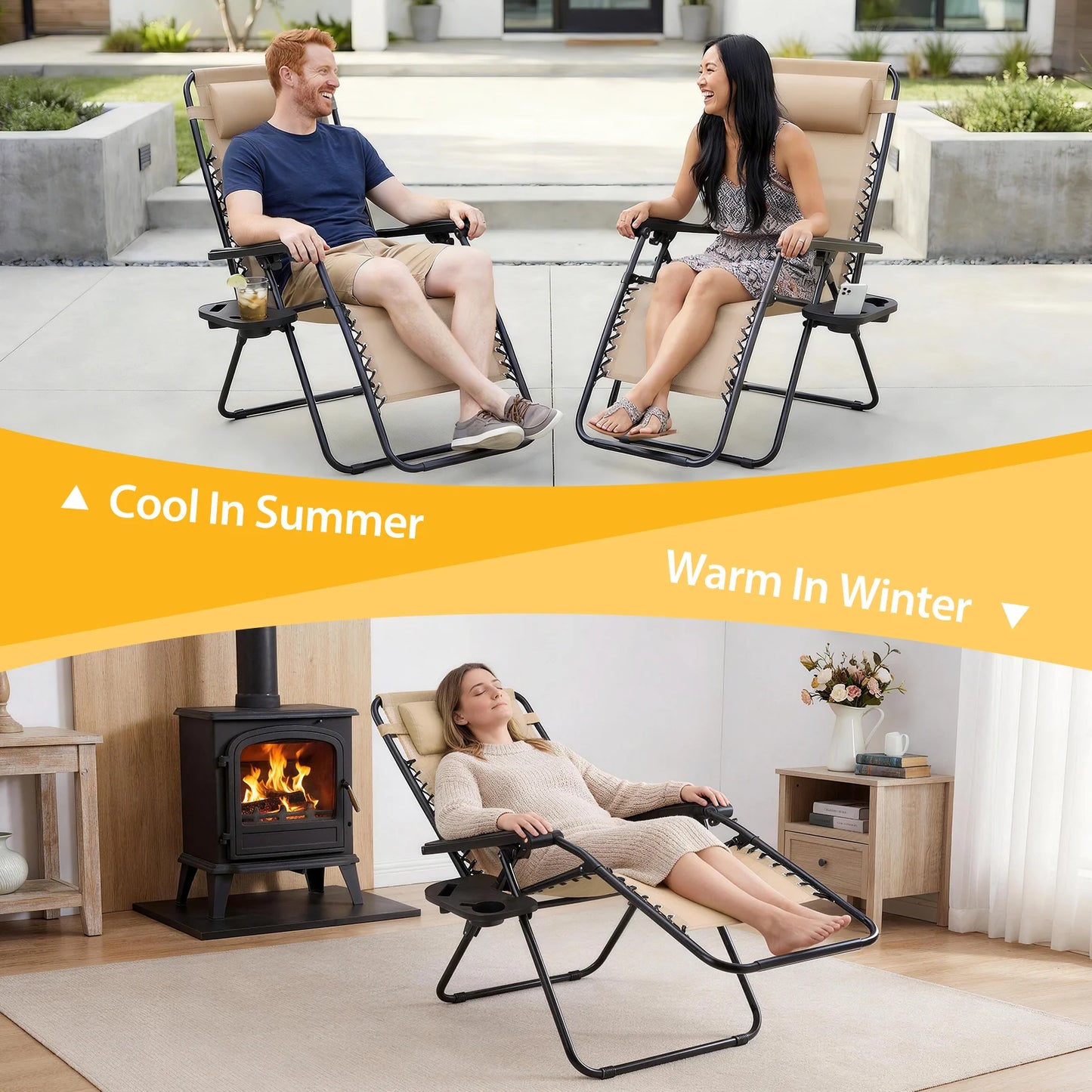 JHK Portable Zero Gravity Recliner Chairs Set of 2 Outdoor Lounge Chair with Cup Holder Trays Adjustable Pillow