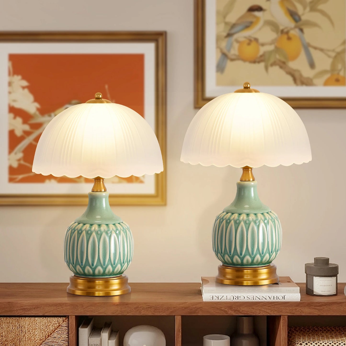 Bedroom Table Lamp, Vintage Gold Table Lamp, Bedroom Ceramic Retro Living Room Lamp, 40.64cm Modern Bedside Nightstand Traditional Lamp, Classic Chinese Green Glass Lamp for Home Decoration