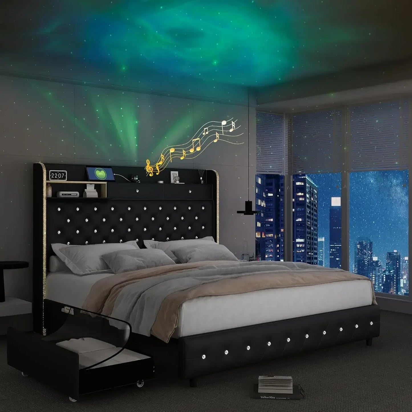 LED Bed Frame with Galaxy Aurora Star Projector and Charging Station, Platform Beds with 52" Diamond Upholstered Customized Headboard Lights