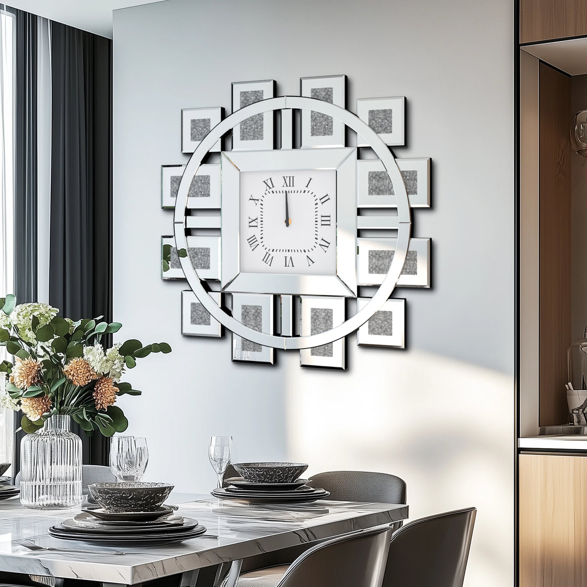 Round Wall Clock With Crushed Diamond Beveled Mirror Frame