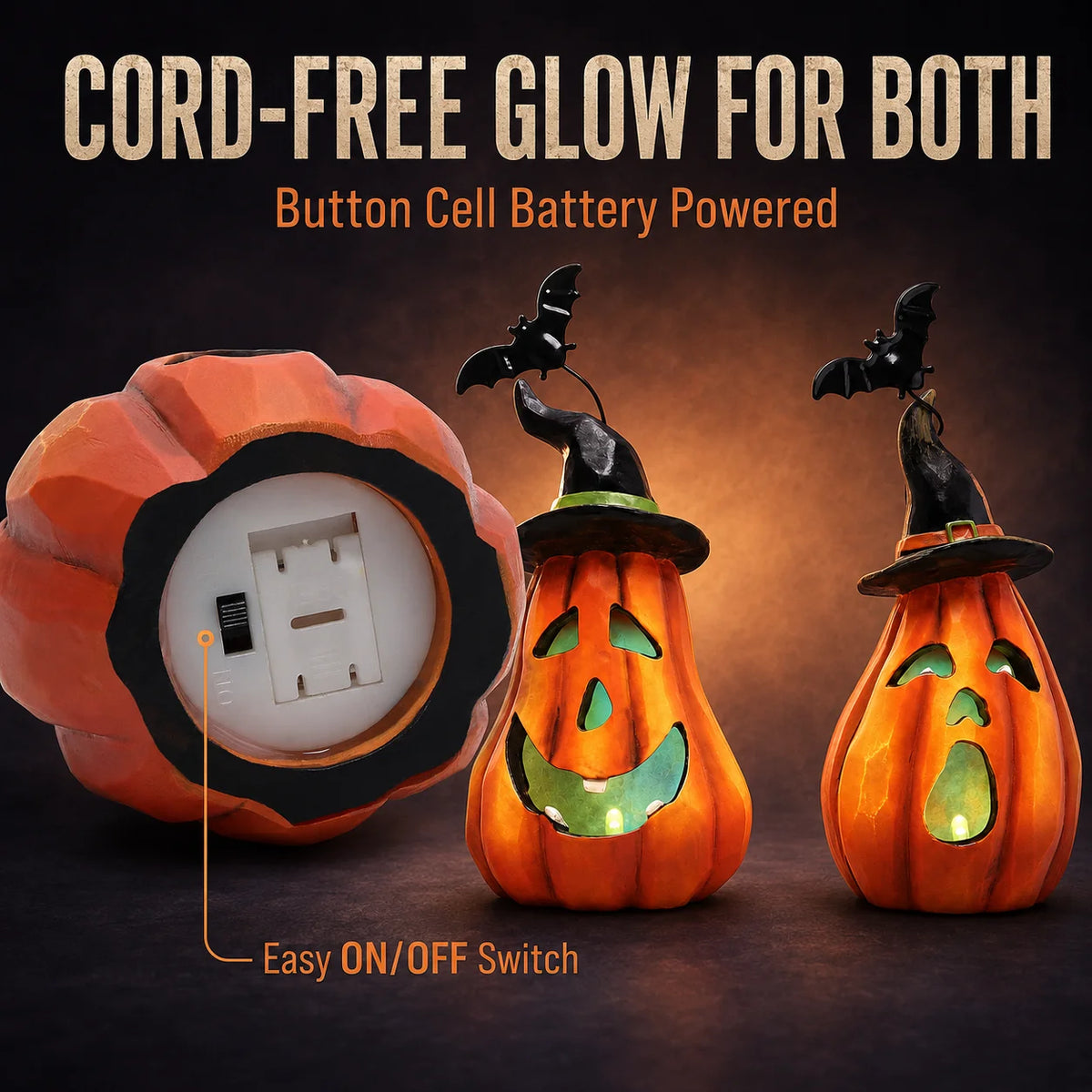 Halloween Pumpkin Figurine Set, 2-Piece LED Light Up Jack-o'-Lantern Decor with Witch Hat & Black Bat Accents, Spooky Glowing Tabletop Figure for Shelf Display, Collectible Fall Seasonal Home Decoration Halloween Gift