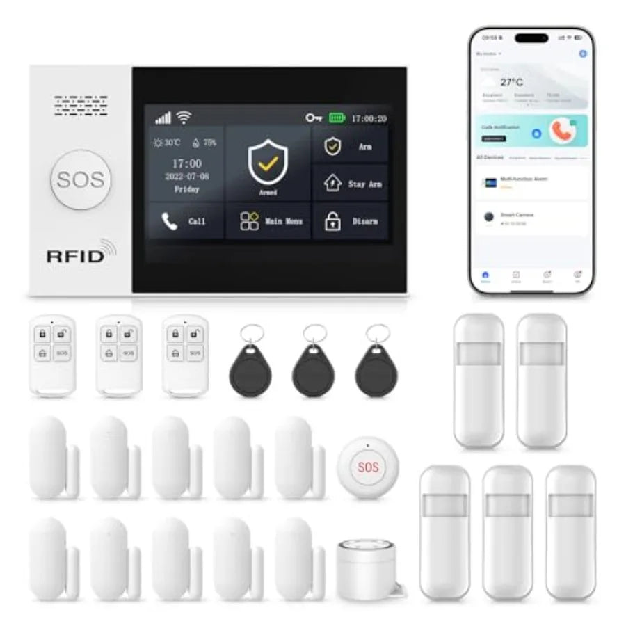 Home Security Alarm System: WiFi+GSM/4G Door/Window Kit with Touch Screen, App Alerts Auto Dial, Alexa-Compatible, for Apartmen