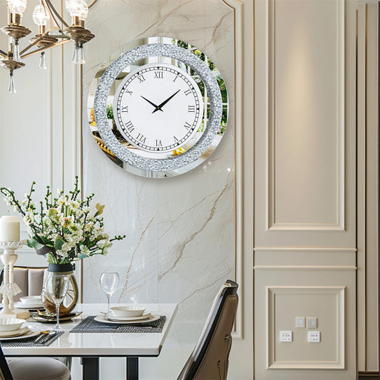 Silver Tinted Round Mirror Clock Crystal Mirrored Wall Clock for Wall Decoration
