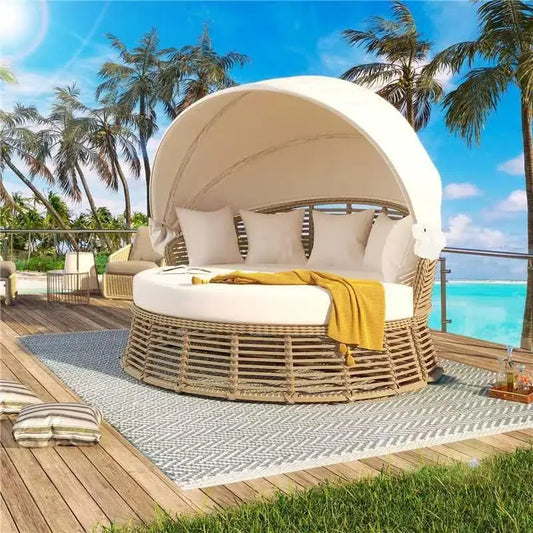 Outdoor Patio Round Rattan Daybed With Retractable Canopy Wicker Furniture
