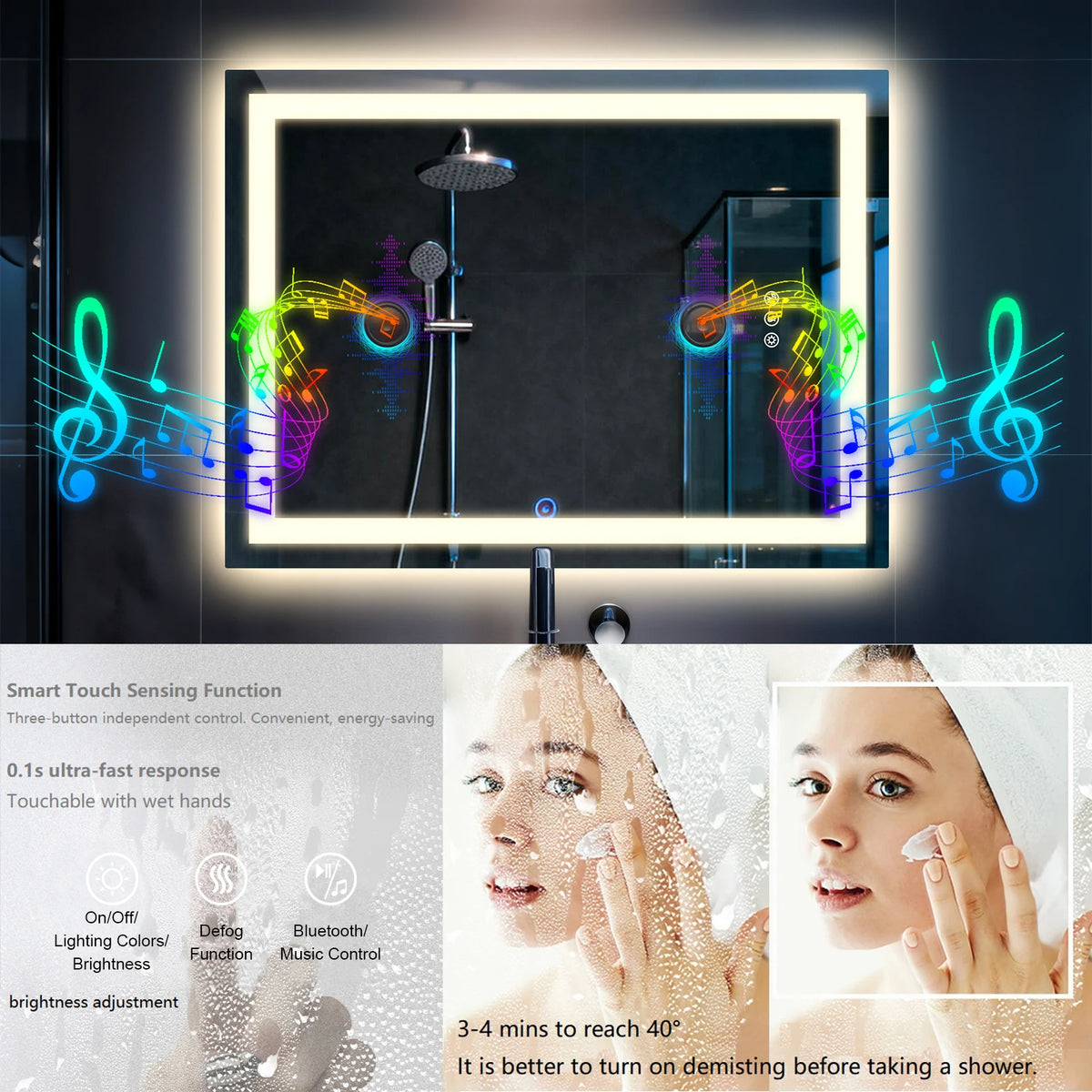 Borwart Smart LED Rectangle Bathroom Mirror With Integrated Speaker
