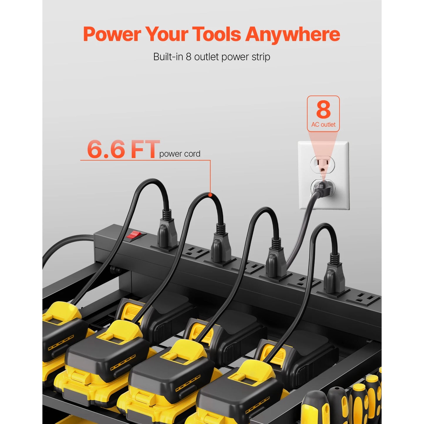 VEVOR 4-tier Tool Organizer Cart with Charging Station 8 AC Outlet Floor Stand Rolling Storage Drill Holder for Workshop Garage