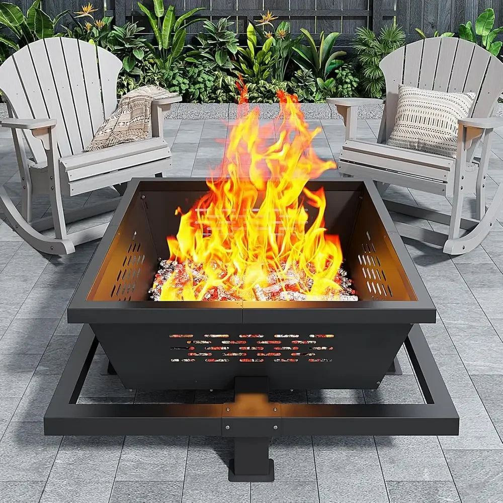 42 Square Outdoor Fire Pit with Poker, Wood-Burning for Backyard and Patio Use