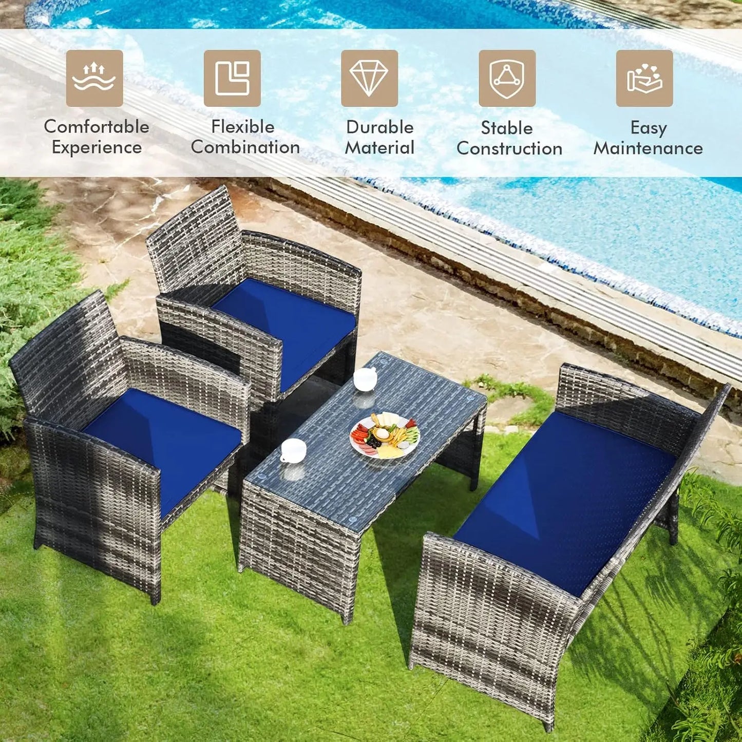 4-Piece Rattan Patio Furniture Set, Outdoor Wicker Conversation Sofa with Weather Resistant Cushions and Tempered, Customized