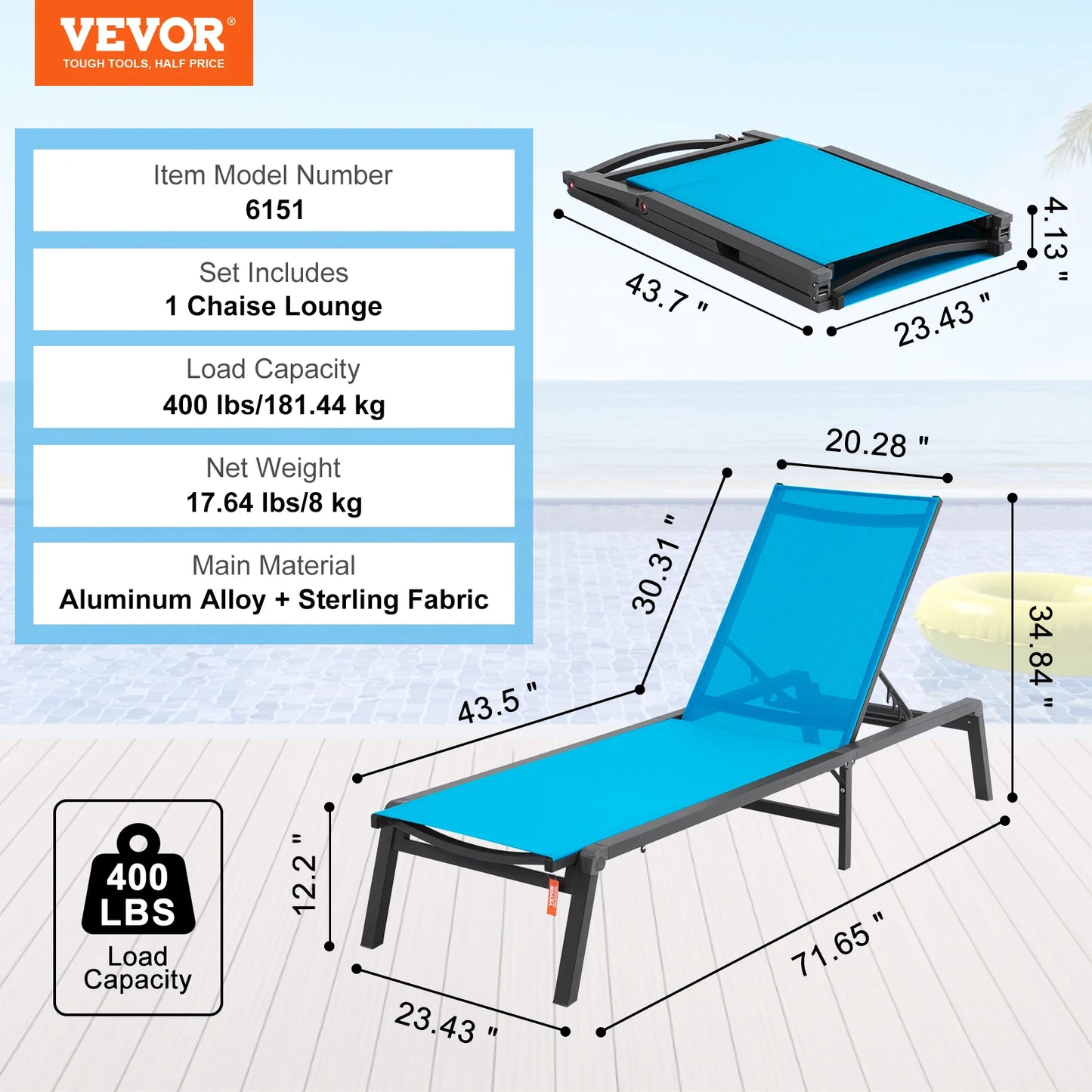 Chaise Lounge Chair Outdoor Aluminum Patio Lounge Folding Pool Lounge Recliner