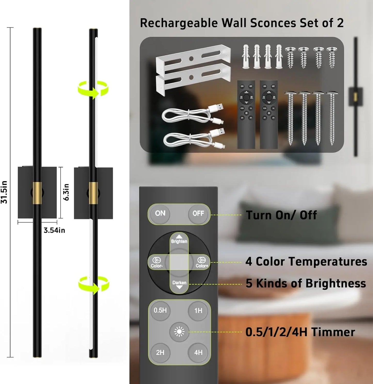 Battery Operated Wall Sconces Set of 2: 10000mAh Rechargeable Wall Lights with Remote Control, 360° Rotate Wireless Wall Scone Decor for TV/Mirror Bedroom Living Room, 31.5 Inch, Black