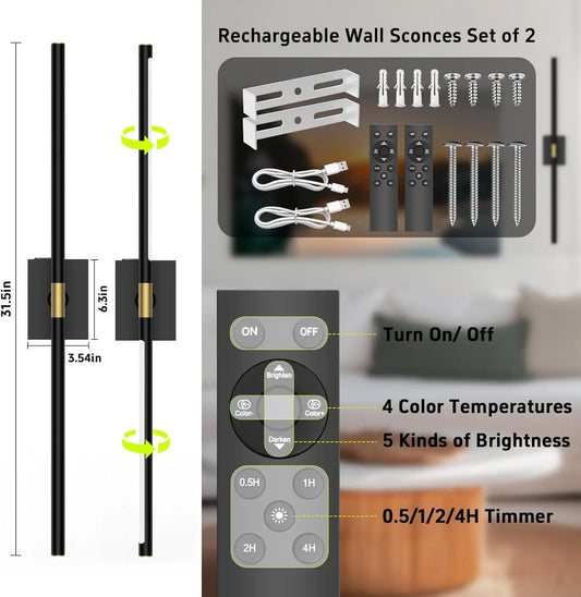 Battery Operated Wall Sconces Set of 2: 10000mAh Rechargeable Wall Lights with Remote Control, 360° Rotate Wireless Wall Scone Decor for TV/Mirror Bedroom Living Room, 31.5 Inch, Black