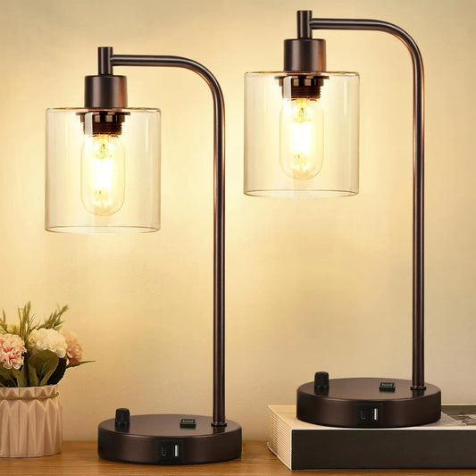 Oil Rubbed Bronze Table Lamps With USB C And USB A Ports Dimmable Glass Shade