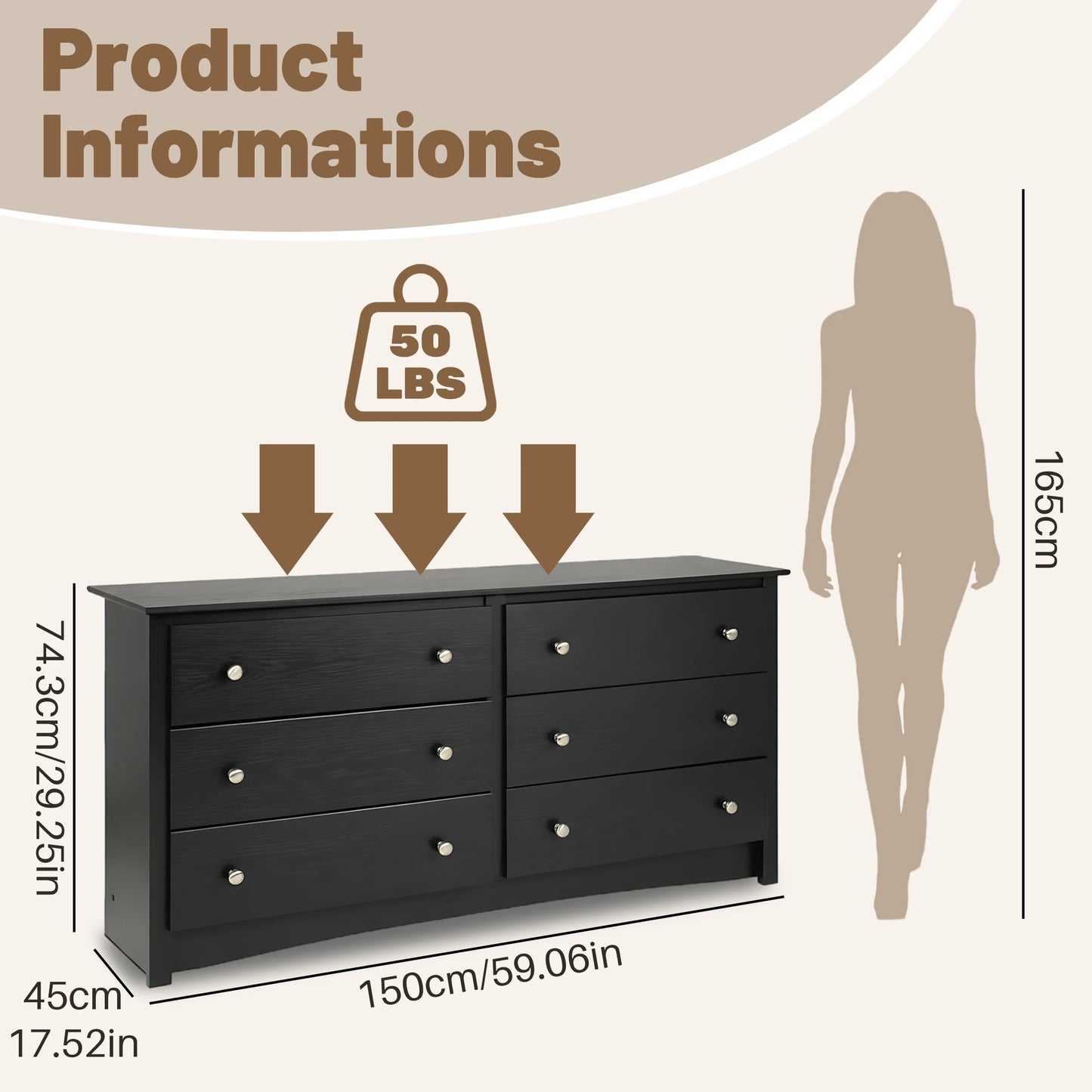 Wood 6 Dresser Drawers Cabinet for Living Room Stable Structure Storage Wide Chest of Drawers Furniture For Bedroom