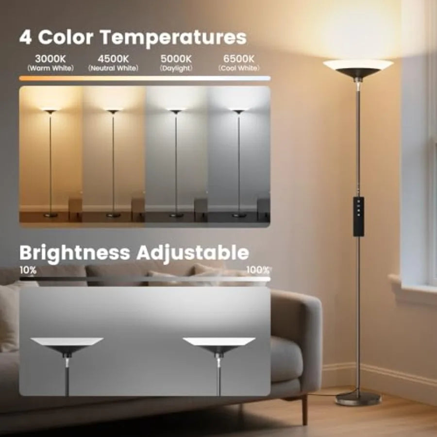Torchiere Floor Lamp - 72" Tall LED Standing Lamp with Remote/Button Control, 1800Lm, 3000-6500K, 30W Dimmable Modern Corner Fl