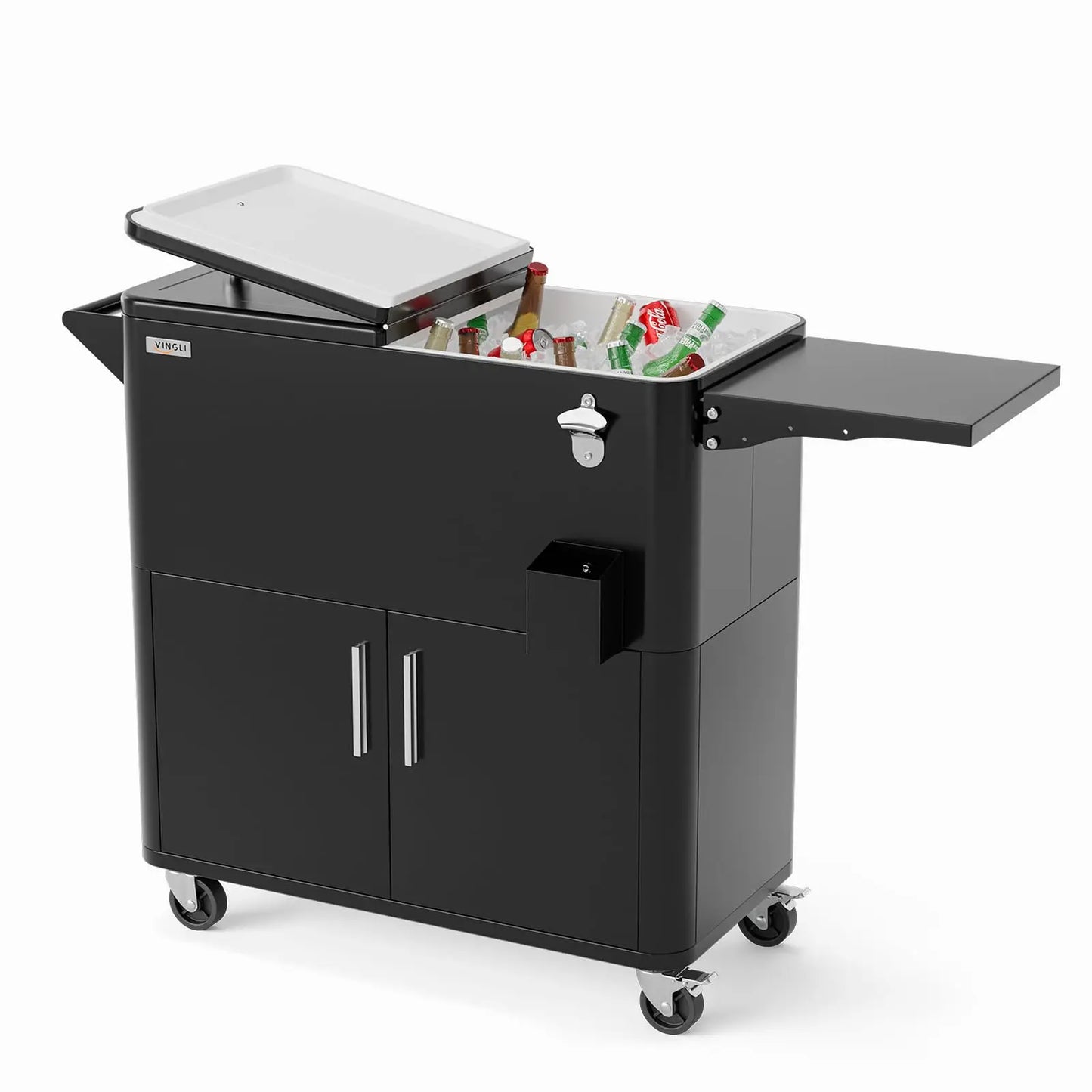 Outdoor Patio Beverage Cooler Ice Chest with Attached Storage Cabinet, Built-In Bottle Opener & Bottom Drainage System, Rolling Beverage Storage Cart for Parties, Deck, Pool and Backyard Gathering