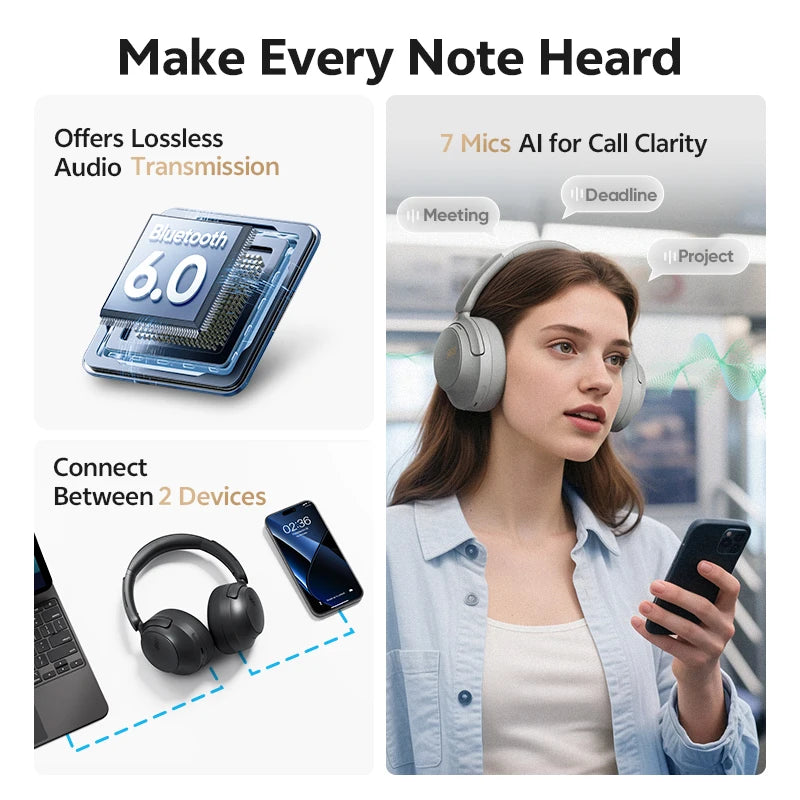 Over Ear Headphone Hi-Res Spatial Sound Headset H3S -56dB Adaptive ANC Wireless Earphone Bluetooth 6.0 102Hrs