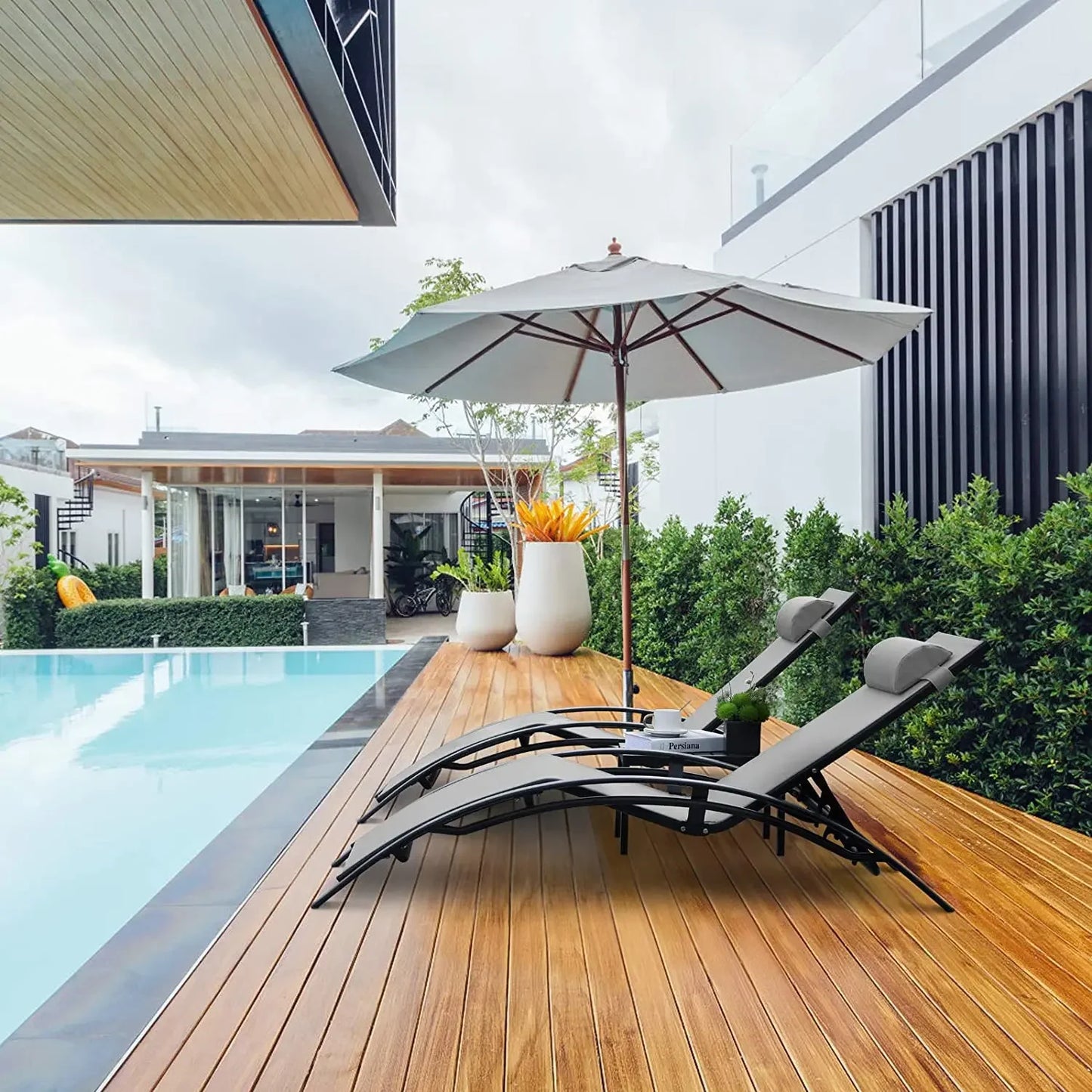 Aluminum Lounge Chair for Outside with 5 Adjustable Positions with Table 3Pcs Chaise Outdoor for Pool, Garden, Camping, Backyard