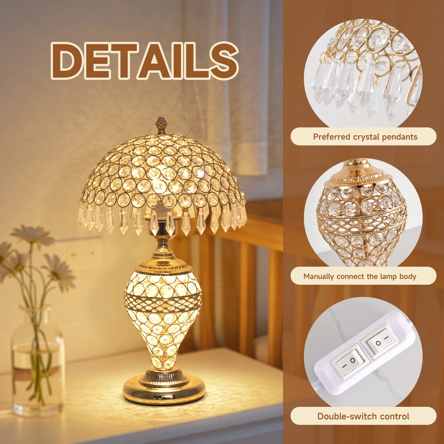 Elegant Crystal Table Lamp Three-Color Adjustable Bedroom Bedside Night Light Gold-Plated Metal Desktop Lamp Living Room Bedroom Home Decorative Light