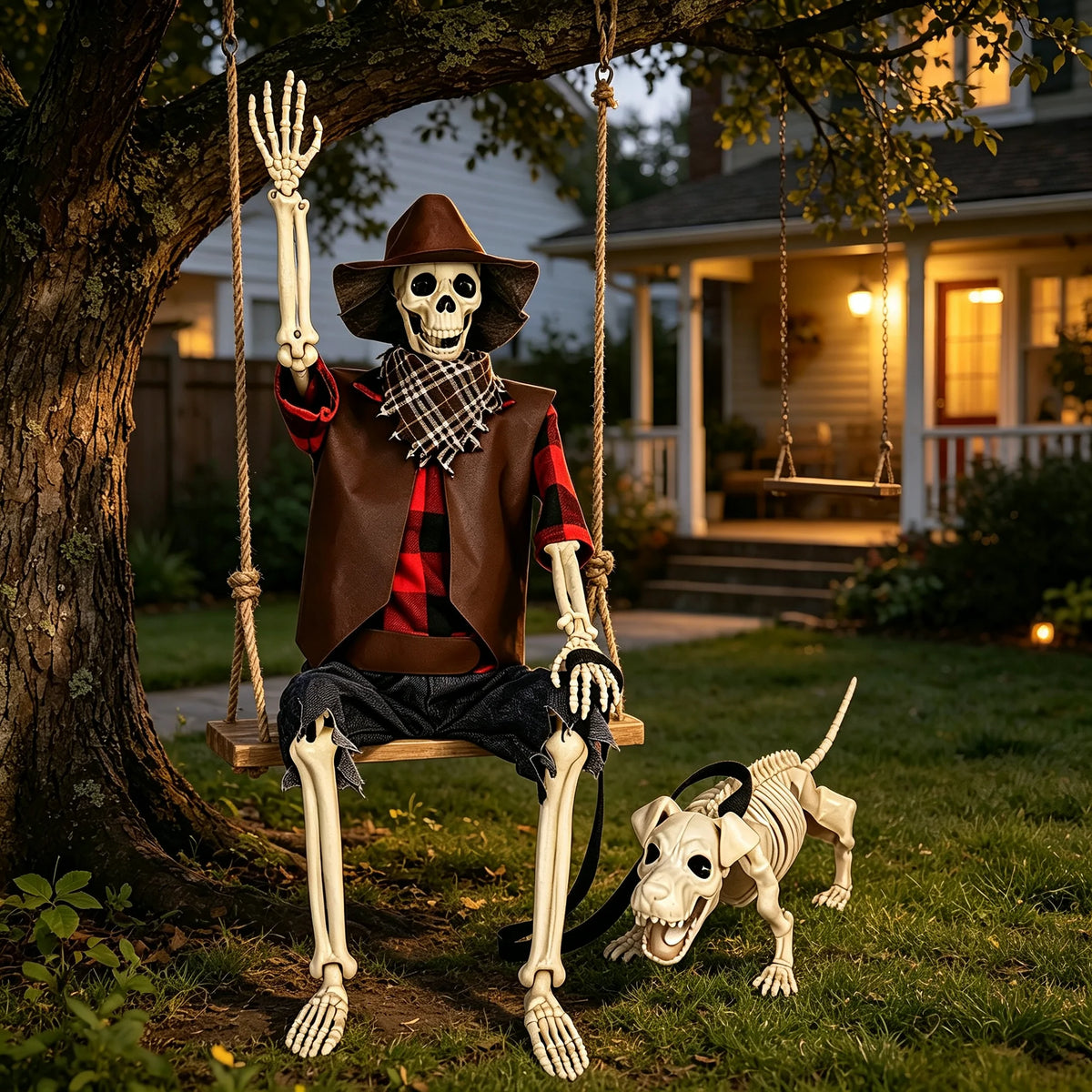 Posable Western Cowboy Skeleton Dog Halloween Outdoor Decor Set