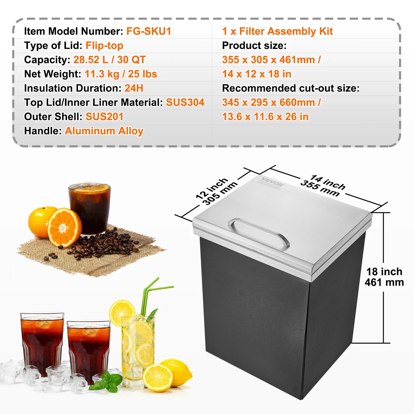 SucceBuy Drop in Ice Chest Stainless Steel Ice Cooler Commercial Ice Bin with Hinged Cover Outdoor Kitchen Ice Bar