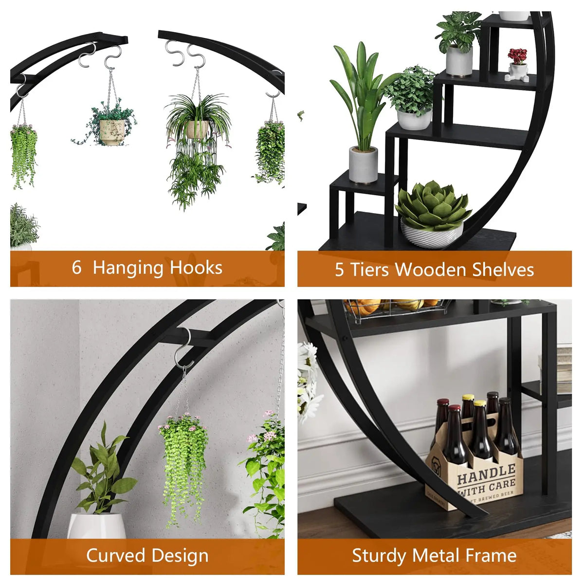 Studyset Half Moon Metal Plant Stand With Rustproof Hooks