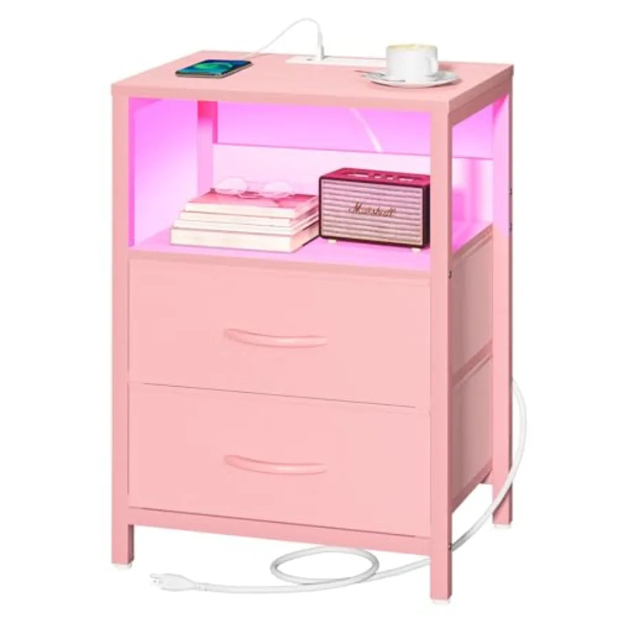 Nightstand with Charging Station, LED Night Stand with Fabric Drawers and Storage Shelf for Bedroom, Nightstands Bedside Tables