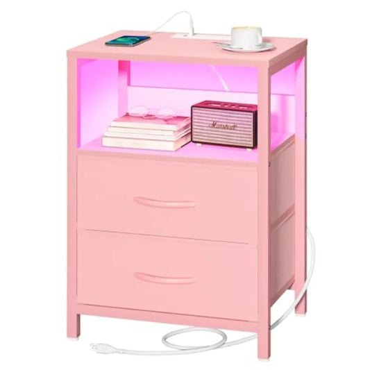Nightstand with Charging Station, LED Night Stand with Fabric Drawers and Storage Shelf for Bedroom, Nightstands Bedside Tables