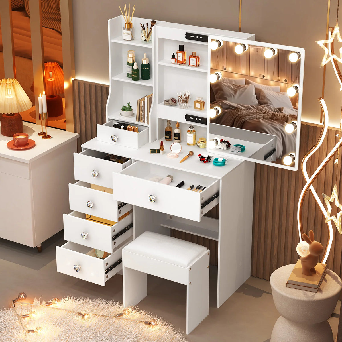 Teousev Modern Vanity Set With Led Mirror And Six Drawers