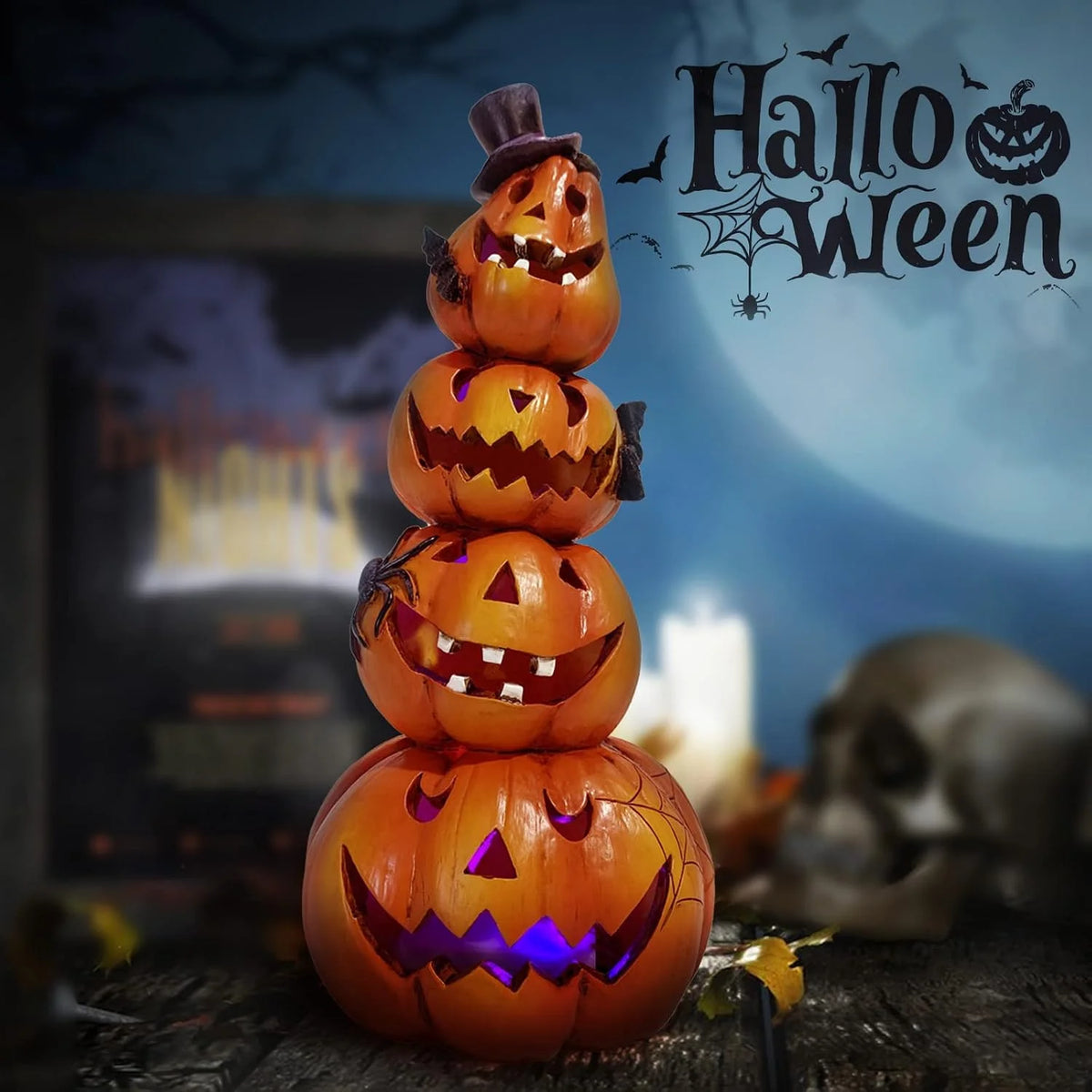 Halloween Light-Up Stacked Pumpkin Figurine, 4-Tier Jack-O-Lantern Tower with Black Top Hat, Bats, Spider and Web, Glowing Hand-Painted Tabletop Decor for Mantel, Shelf, Fireplace, Entryway, Spooky Party and Haunted House Dis