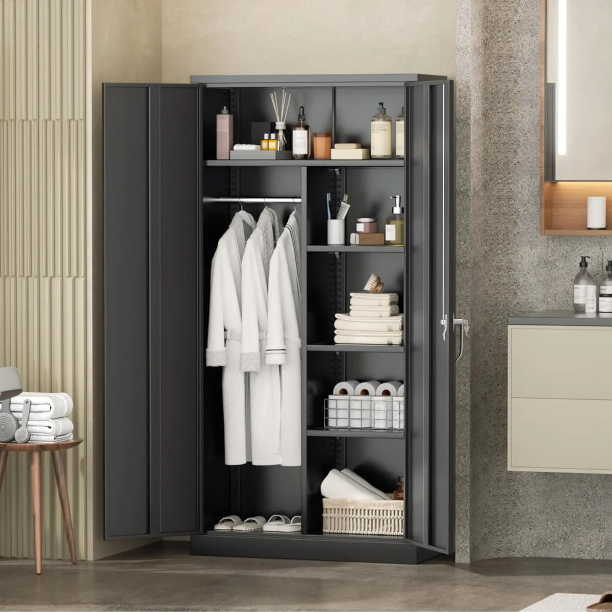 Durable Metal Wardrobe Cabinet With Lock Four Adjustable Shelves