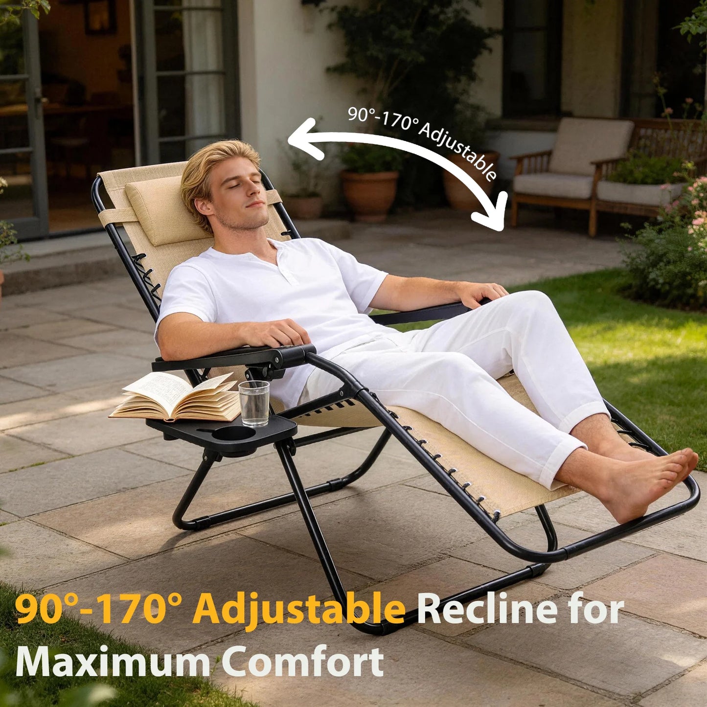JHK Portable Zero Gravity Recliner Chairs Set of 2 Outdoor Lounge Chair with Cup Holder Trays Adjustable Pillow
