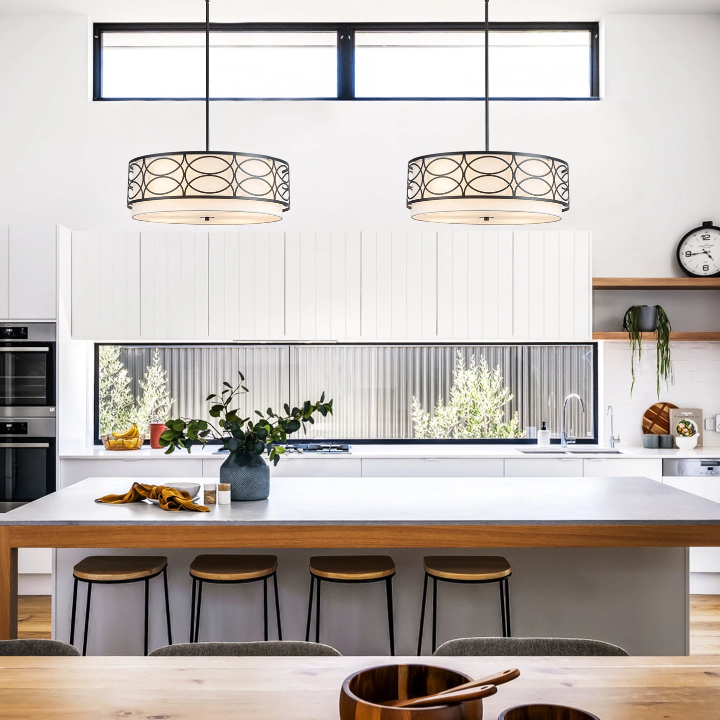 3-Light Drum Chandelier Iron Semi-Flush Mount Ceiling Fixture Dining Room
