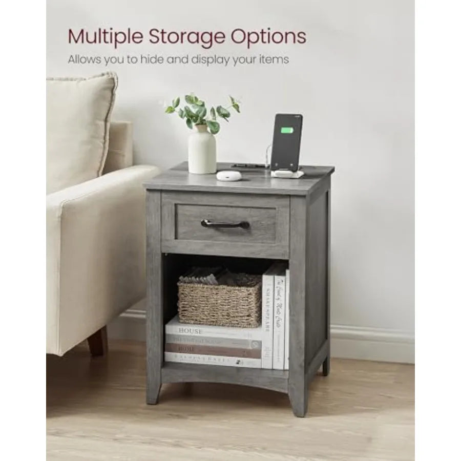 LIRY Collection - Farmhouse Nightstand with Charging Station, Bedside Table, Side Table with Drawer, Open Compartment, for Bedr