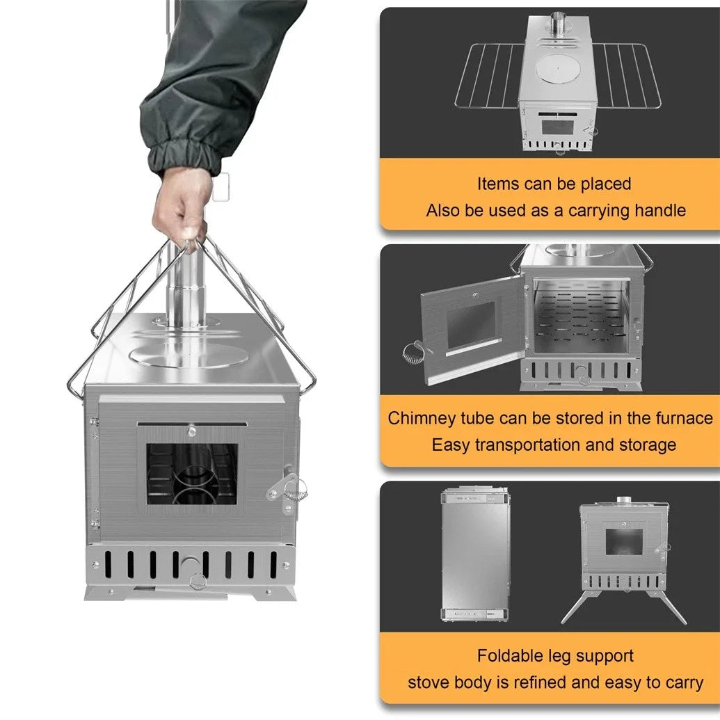 Hot Tent Stove, Wood Burning Stove, Portable Wood Stove with 6 Stainless Chimney Pipes for Outdoor Heating & Cooking