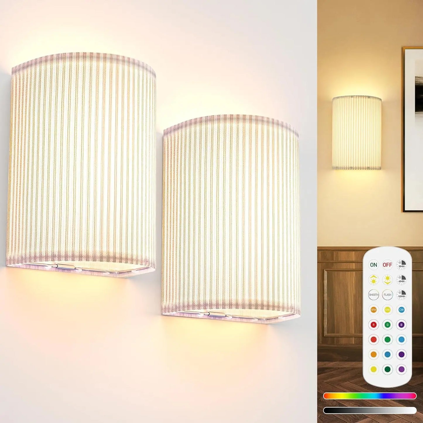 Versatile Fabric Wall Sconces Set of 2: Choose from Rechargeable, Battery, CCT & RGB Options for Perfect Ambiance in Any Room!