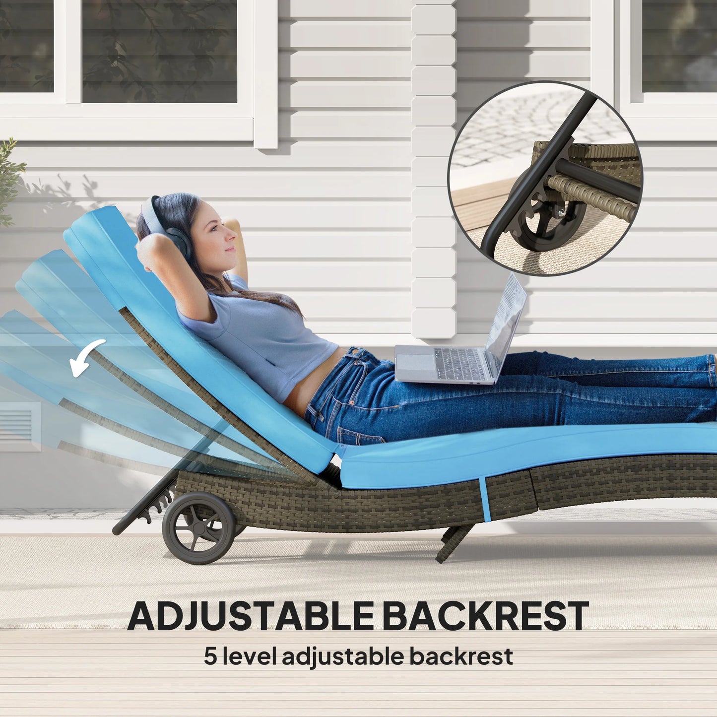 Outdoor Reclining Lounge Chair, PE Wicker, Rolling Wheels, Patio, Sky Blue